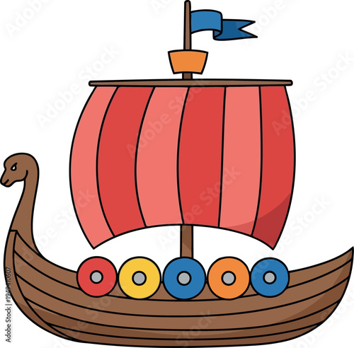 Colorful cartoon Viking longship with red sail and dragon head illustration