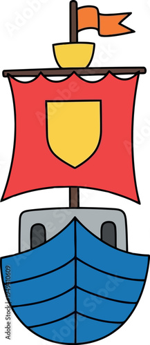Colorful cartoon Viking ship with red sail and shield vector illustration