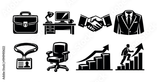 Business icon set with office elements suitcase handshake graphs and silhouettes