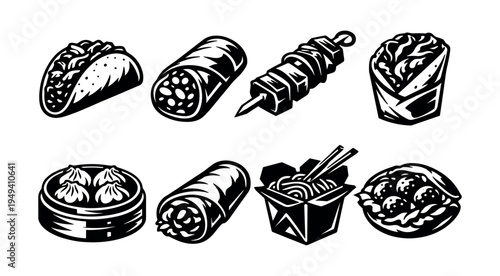 Set of asian and mexican food icons black and white vector illustrations