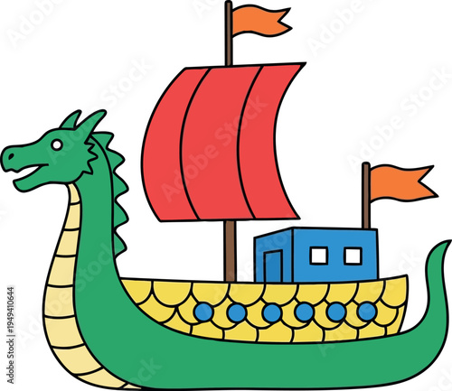 Colorful cartoon Viking dragon ship with red sail and flags, Scandinavian mythology illustration