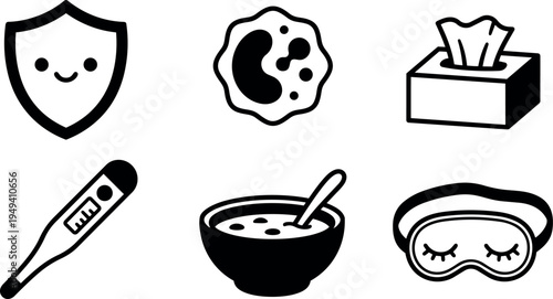 Minimalist black and white vector icons of smiling shield virus tissue box thermometer bowl of soup and sleeping mask