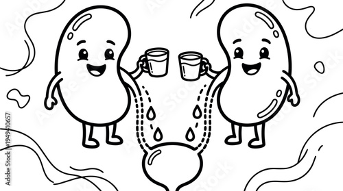 Black and white line art of two happy cartoon kidneys holding cups pouring fluid into bladder vector illustration