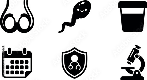 Medical and fertility vector icons including breasts sperm sample calendar health shield and microscope illustration