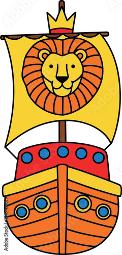 Cartoon lion ship illustration with crown and colorful sail for children’s adventure themes
