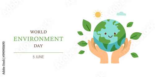 World environment day banner hand hold circle green globle earth with leaf plant around on white background vector design