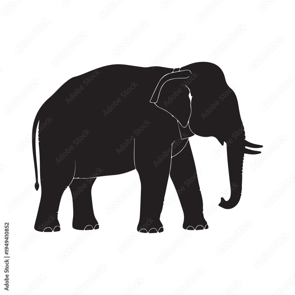 Fototapeta premium black image elephant Asia standing, graphics design vector outline Illustration isolated on white background