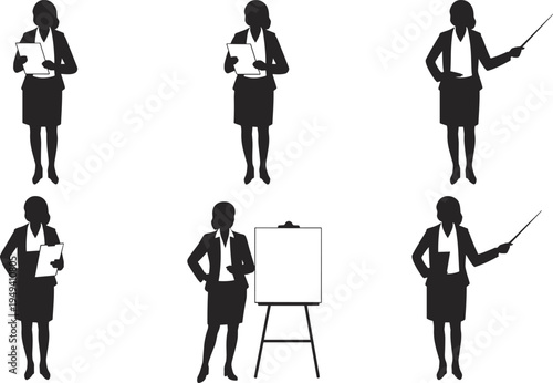 Businesswoman presentation silhouette set, female teacher or manager explaining with board and documents isolated flat vector illustration