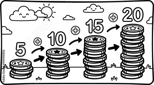 Black and white cartoon style illustration of stacked coins increasing with plus signs and numbers five ten fifteen twenty sunny sky background
