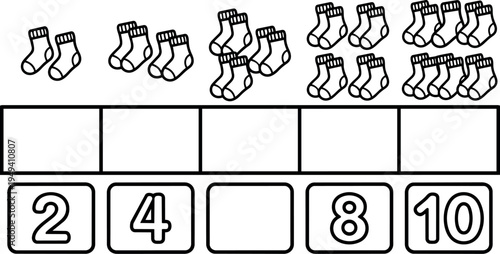Black and white educational vector showing counting socks in increasing quantities from two to ten with number boxes for children learning math