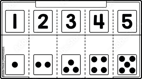 Black and white flat design dice faces numbered one to five with bold dots on each side clear vector art