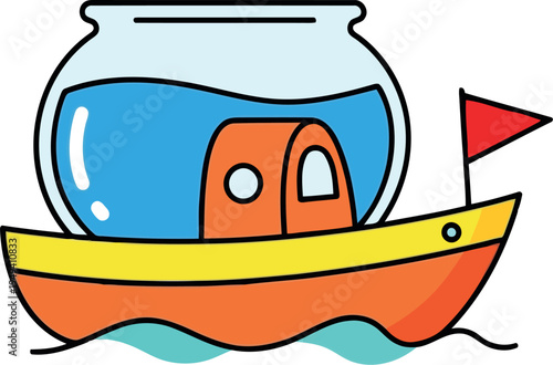 Colorful cartoon houseboat with fishbowl cabin and red flag on water vector illustration