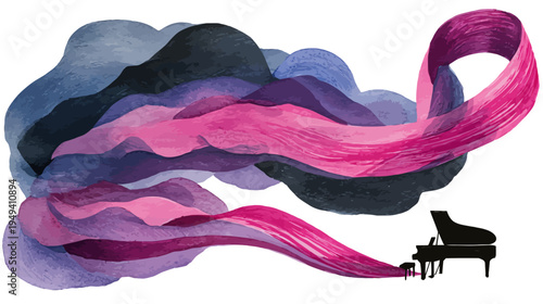 A stylized illustration depicting a piano silhouette emanating colorful, layered, watercolor ribbons