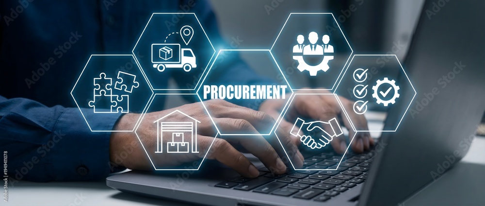 Fototapeta premium Business professional using laptop with procurement icons in foreground signifying supply chain management
