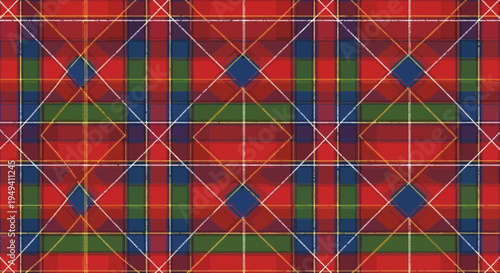 Abstract Geometric Tartan Pattern, Red, Blue, Green, Diamond Shapes, Diagonal Lines