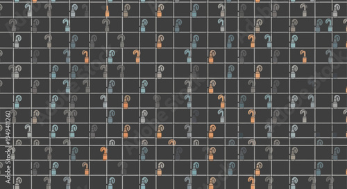 Abstract Pattern of Question Mark Icons in Blue, Orange, and Gray Tones