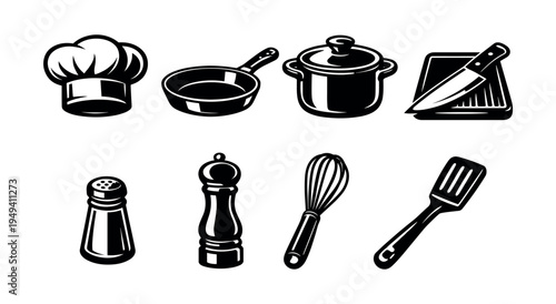 Black and white kitchen utensil vector set featuring pots pans and cooking tools