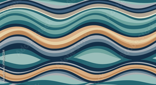 Abstract Wavy Lines Pattern in Teal, Blue, and Tan - Seamless Background