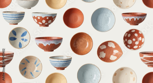 Assortment of Ceramic Bowls and Plates with Traditional Patterns