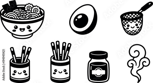 Cute black and white kawaii style ramen bowl boiled egg noodle strainer chopsticks jar and steam cooking icons