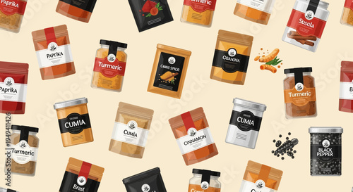 Assortment of Spices in Jars and Packets Scattered on a Light Background