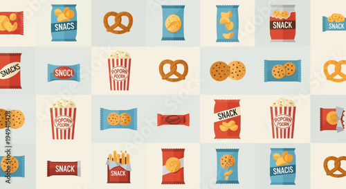 Assortment of Snack Foods in Packaging: Chips, Pretzels, Cookies, Popcorn, Fries