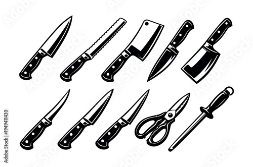 Vector set of kitchen knives and utensils in black and white silhouette style