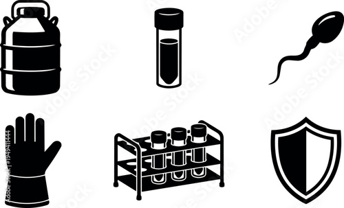 Black silhouette vector icons of laboratory equipment including milk can test tube sperm glove rack and shield symbols in flat design