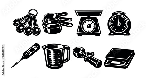 Black and white kitchen tool silhouettes of measuring cups scales and more vector set
