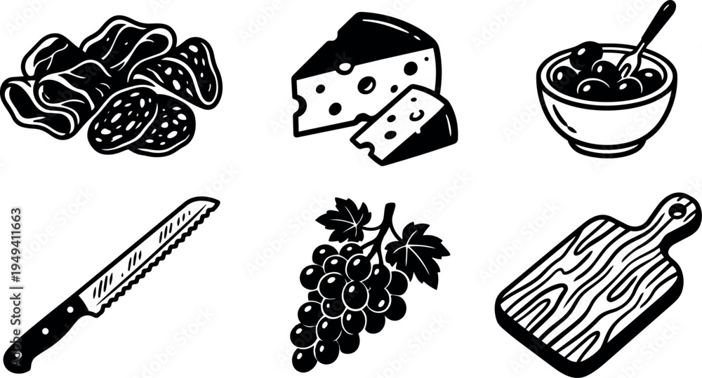 Fototapeta premium Black and white vector art of sliced deli meat cheese bowl of olives serrated knife bunch of grapes and wooden cutting board