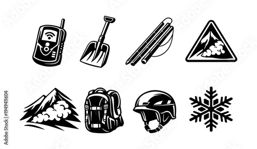 Black and white vector icons of avalanche safety equipment and mountain adventure gear