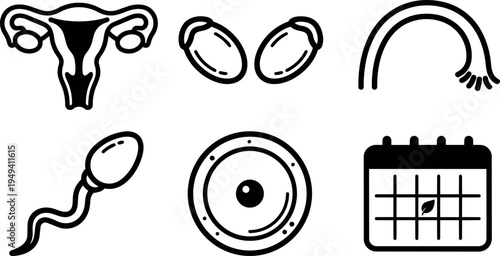 Black line art reproductive organs sperm egg calendar ovary uterus fertility vector icons set