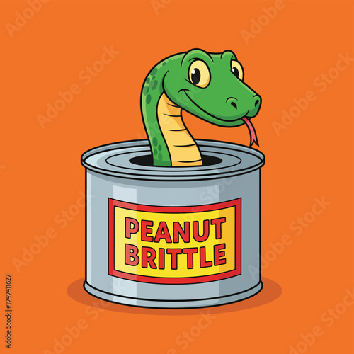 Peanut brittle can with snake popping out on orange background, surprise joke in a can, vector cartoon illustration for pranks