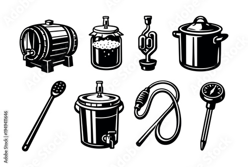 Illustrated home brewing equipment set in black and white silhouette style