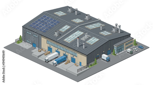 An isometric illustration of a modern industrial warehouse with solar panels on the roof and trucks at the loading docks