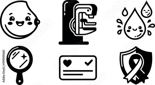 Cute happy lemon face coffee machine water drops with faces hand mirror credit card and cancer ribbon shield vector icons set