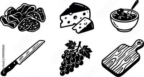 Black and white vector art of sliced deli meat cheese bowl of olives serrated knife bunch of grapes and wooden cutting board