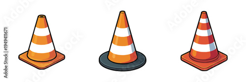 Group of Traffic Cones Positioned Together, Cartoon Road Safety Cone Collection for Construction Zone Warning, Traffic Control and Street Work Sign Elements, Vector Illustration