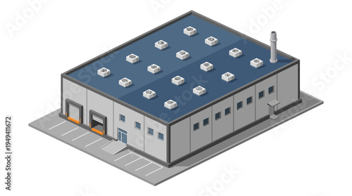 Isometric view of a modern industrial warehouse with loading docks and rooftop ventilation systems