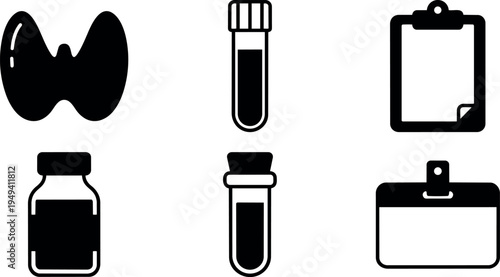 Minimalist black silhouette vector icons showing thyroid gland test tubes and medical clipboards in simple flat design