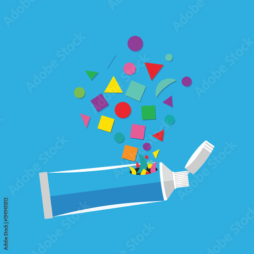 Confetti explosion from a toothpaste tube on blue background, colorful geometric shapes, playful design for celebration
