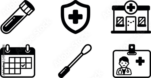 Medical icon set including test tube calendar swab hospital badge and healthcare shield in simple black vector style