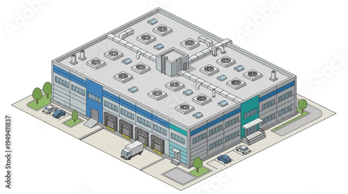Modern industrial warehouse building with loading docks and vehicles