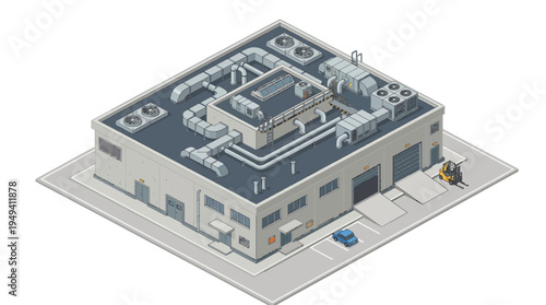 Isometric illustration of a modern industrial building with ventilation systems and a small vehicle in front