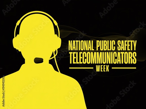 Yellow Silhouette of 911 Dispatcher with Headset for National Public Safety Telecommunicators Week Graphic Design on Black Background for Social Media
