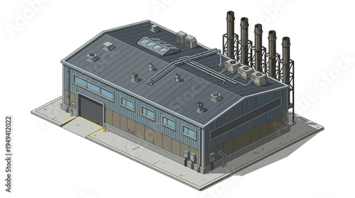 Isometric illustration of a modern industrial factory building with smokestacks and large garage doors, representing manufacturing and production