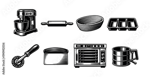 Vintage kitchen baking utensils and appliances set, black and white vector illustrations