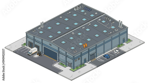 Isometric view of a modern industrial warehouse building with solar panels on the roof, delivery van, and cars in the parking lot