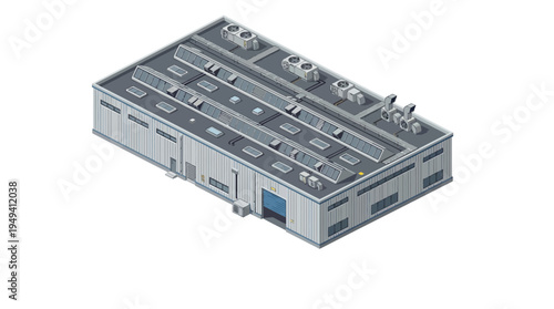 Modern Industrial Building with Rooftop Equipment, Isometric View