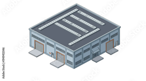 Isometric view of a modern industrial warehouse building with loading docks and large doors, perfect for logistics and storage concepts